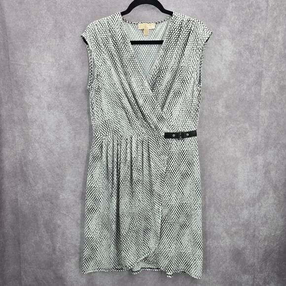 Michael Kors Black White Wrap Midi Knee Length Short Sleeve Dress Large - Picture 1 of 7